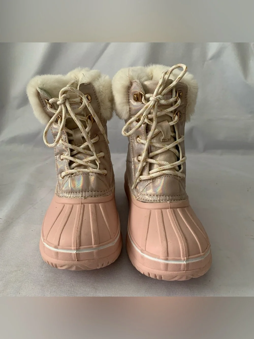 London Fog Boots Girls Size 3 Pink Faux Fur Lace Up Winter Snow Rain FNF21Y5 EUC